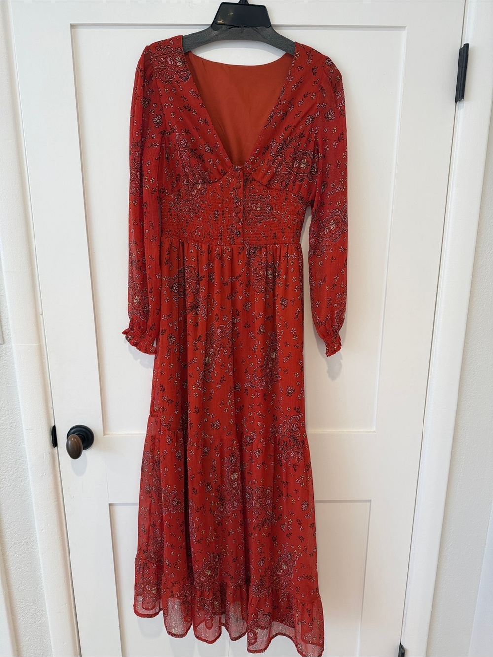 Red Long Sleeve Floral Maxi Dress